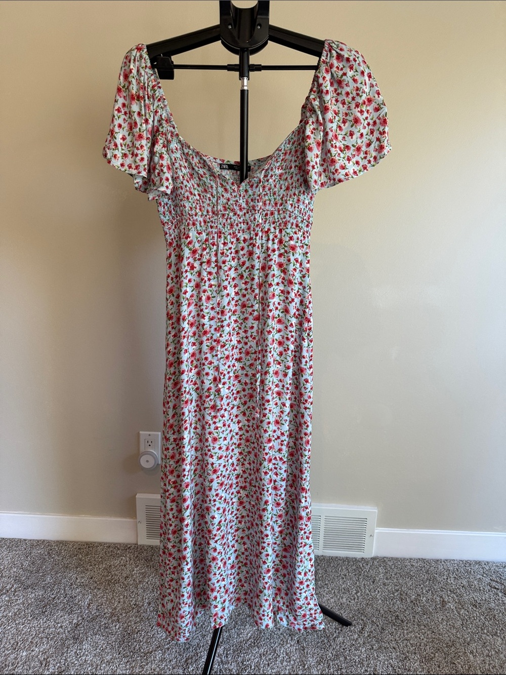 Zara White Maxi Dress with Red Floral Print